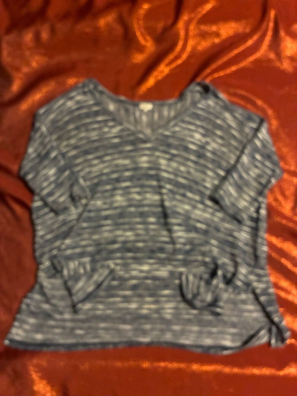 Splendid Knit Top Womens S Blue White Marled V-Neck Short Sleeve Pocket Casual